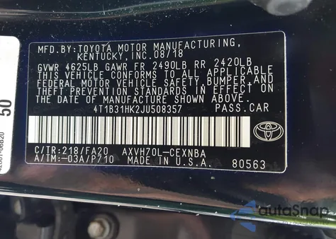 2018 Toyota Camry Hybrid Le from USA, damaged, VIN 4T1B31HK2JU508357
